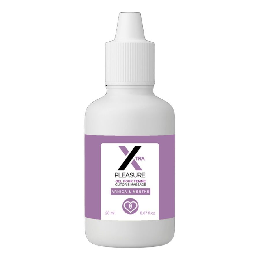Flacone bianco, etichetta viola. Scritta: Xtra Pleasure, Gel per clitoride. 20 ml.