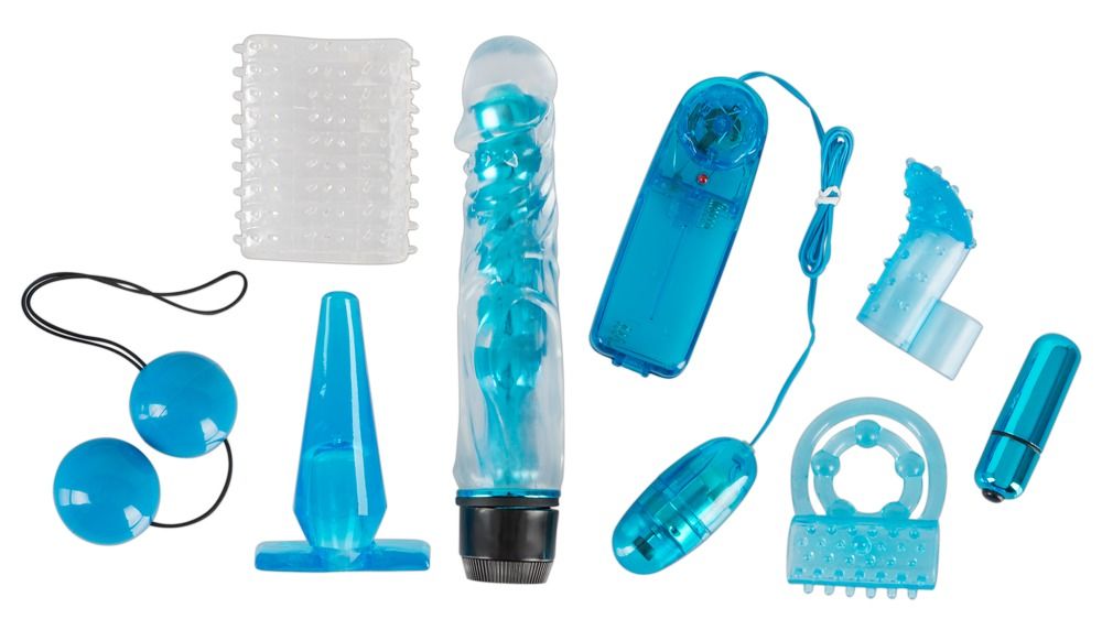 Set di 8 sex toys blu: vibratore, plug anale, sfere, anello, ditale, accessorio, mini vibratore. Varie forme e dimensioni.