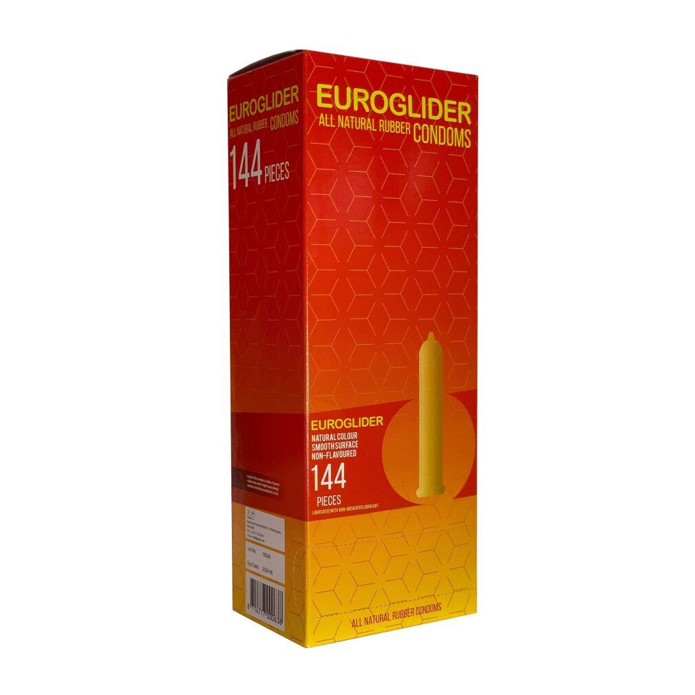 Confezione Euroglider con 144 preservativi. Preservativo giallo illustrato. Scritta: All Natural Rubber Condoms.