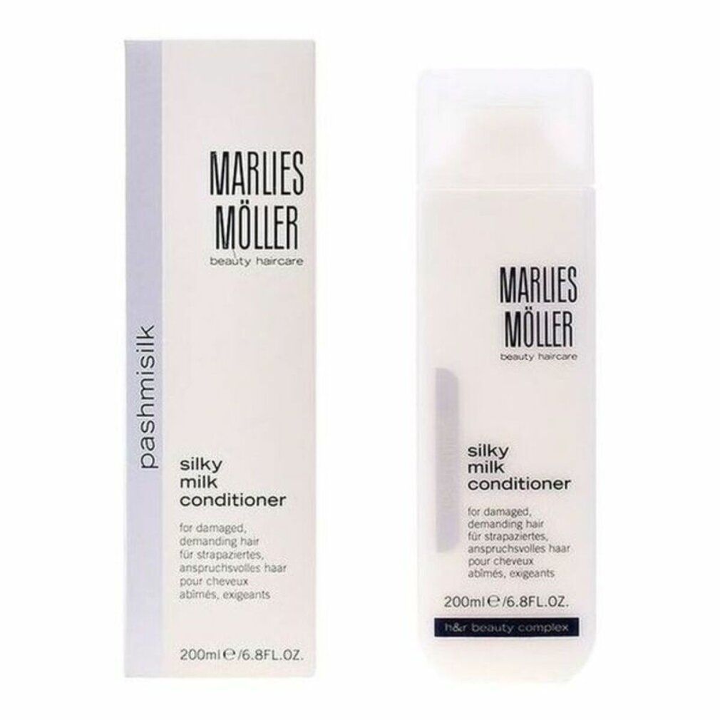 Flacone e scatola bianchi. Scritta: Marlies Möller, Silky Milk Conditioner. Testo in tedesco, francese, inglese.