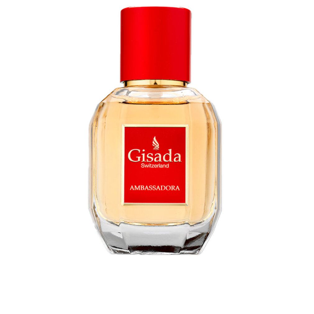 Flacone di profumo con tappo rosso e dettagli dorati. Scritta: Gisada Switzerland, Ambassadora.