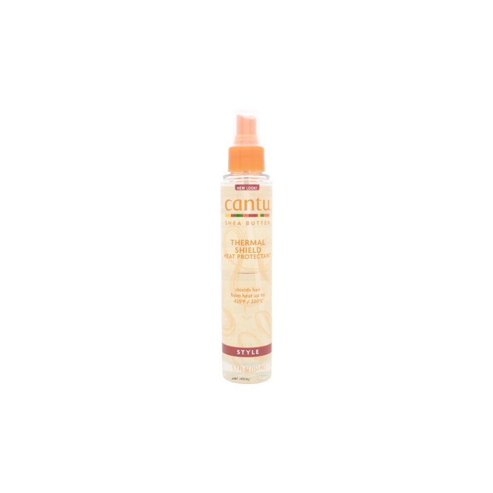 Cantu Thermal Shield Heat Protector Spray con burro di karité. Liquido trasparente in flacone spray.