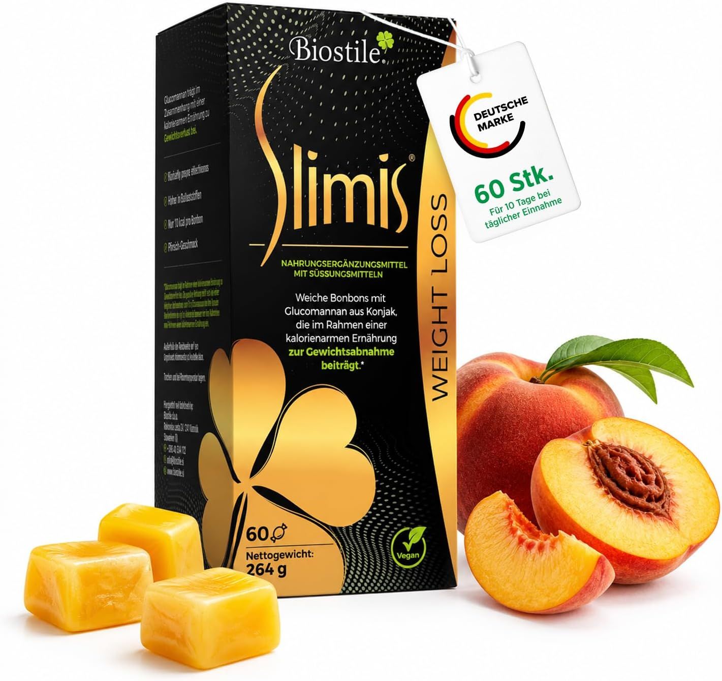 Confezione Biostile Slimis, pesche, caramelle.