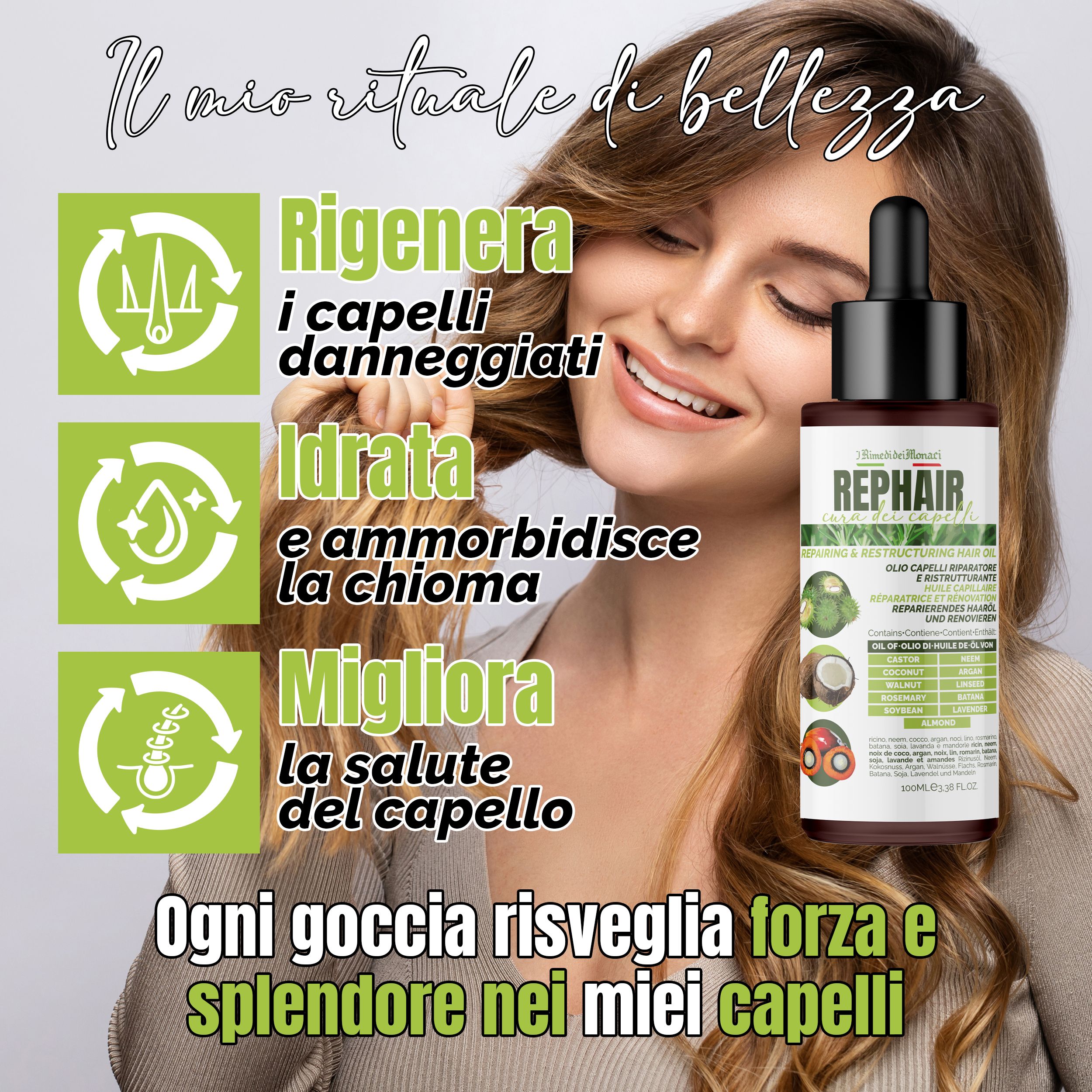 Donna con flacone di olio per capelli. Testo: Rigenera i capelli danneggiati, idrata, migliora la salute dei capelli.