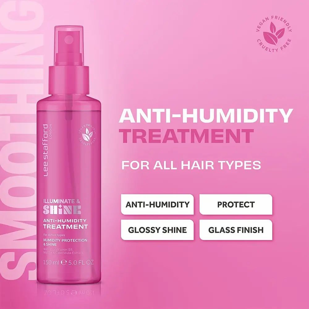 Flacone spray rosa. Testo: Lee Stafford, Illuminate & Shine, Anti-Humidity Treatment. Sigillo vegano. Per tutti i tipi di capelli.