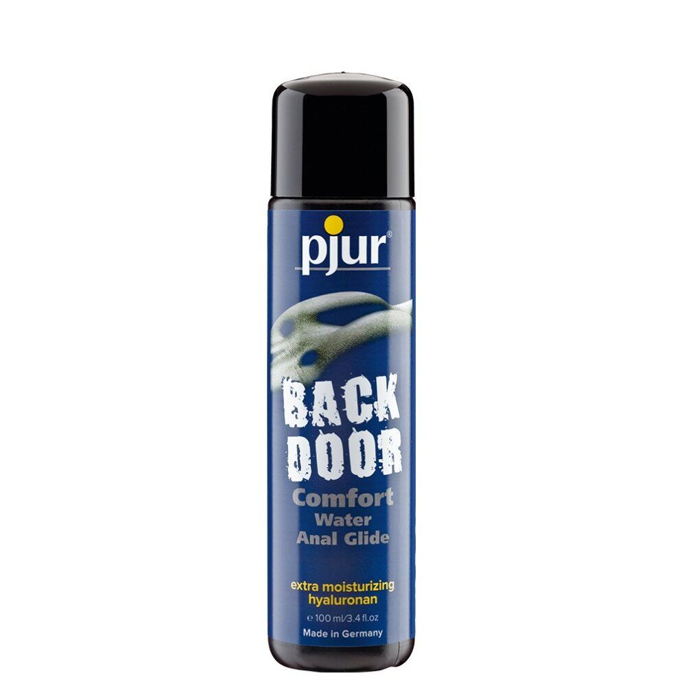 Flacone blu con tappo nero. Scritta: pjur, BACK DOOR, Comfort Water Anal Glide, extra moisturizing hyaluron.