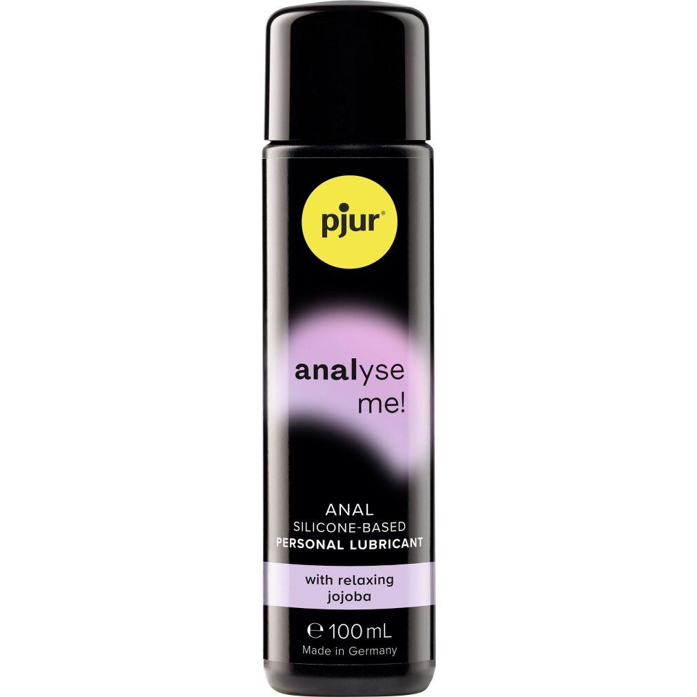Flacone cilindrico con tappo nero. Scritta: pjur, analyse me!, Anal Silicone-Based Personal Lubricant. 100ml.