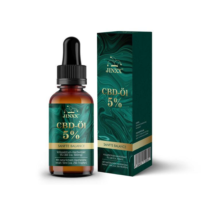 Flacone di vetro marrone con pipetta e confezione. Confezione con "JINXX", "CBD-Öl 5%" e testo. Accenti verdi e oro.