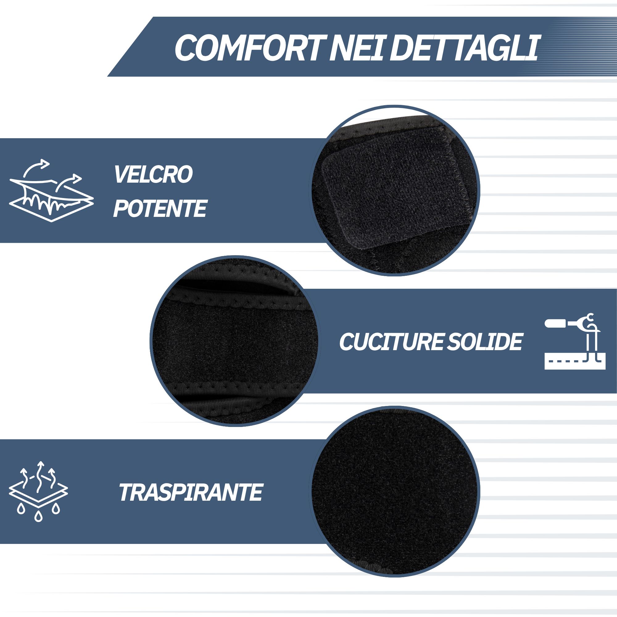 Ginocchiera nera con velcro, cuciture e materiale traspirante.