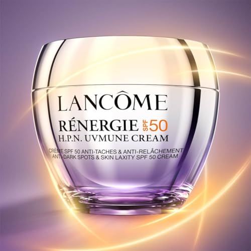 Vaso di crema con coperchio argentato. Scritta: Lancôme Rénergie H.P.N. Uvmune Cream SPF50. Con effetti di luce.