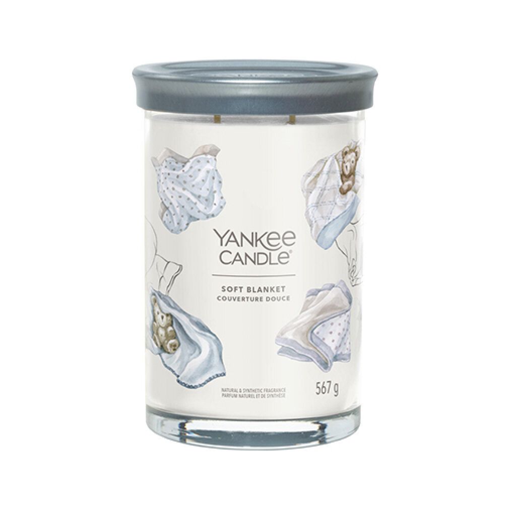 Candela Yankee Candle Soft Blanket in vetro con coperchio argentato. 567g. Decorata con immagini di coperte per neonati e orsacchiotti.