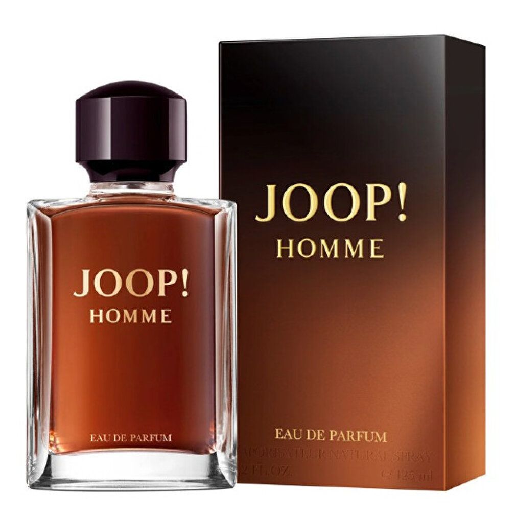 Flacone di profumo e confezione. Flacone con liquido marrone, tappo nero, scritta dorata JOOP! HOMME. Confezione con scritta.