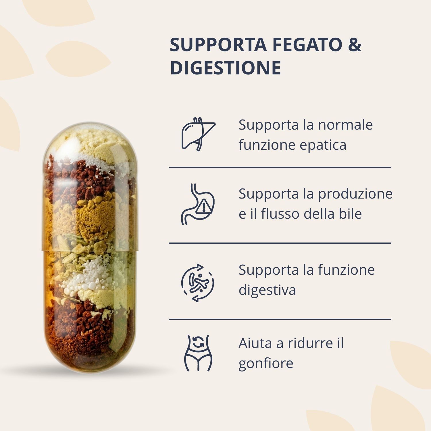 Vista dettagliata di una capsula Golden Tree Pure Cleanse con simboli per il supporto epatico e digestivo.