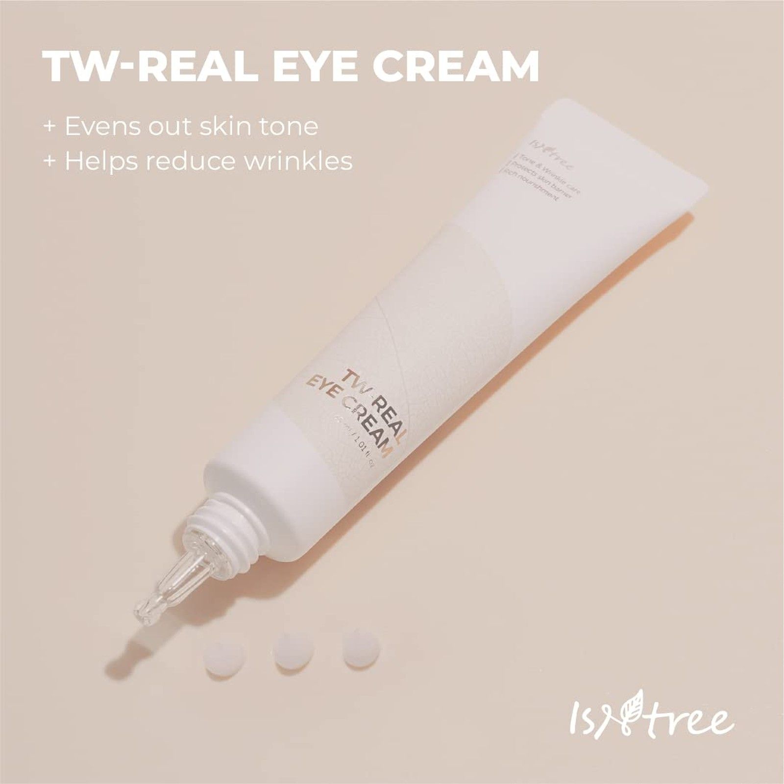 Tubo di crema contorno occhi Isntree TW Real con applicatore a pipetta e gocce.