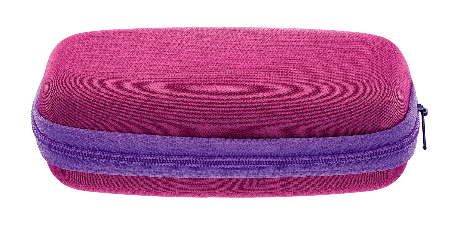 Custodia per occhiali viola con cerniera. Colore principale rosa. Cerniera e accento viola. Forma rettangolare.