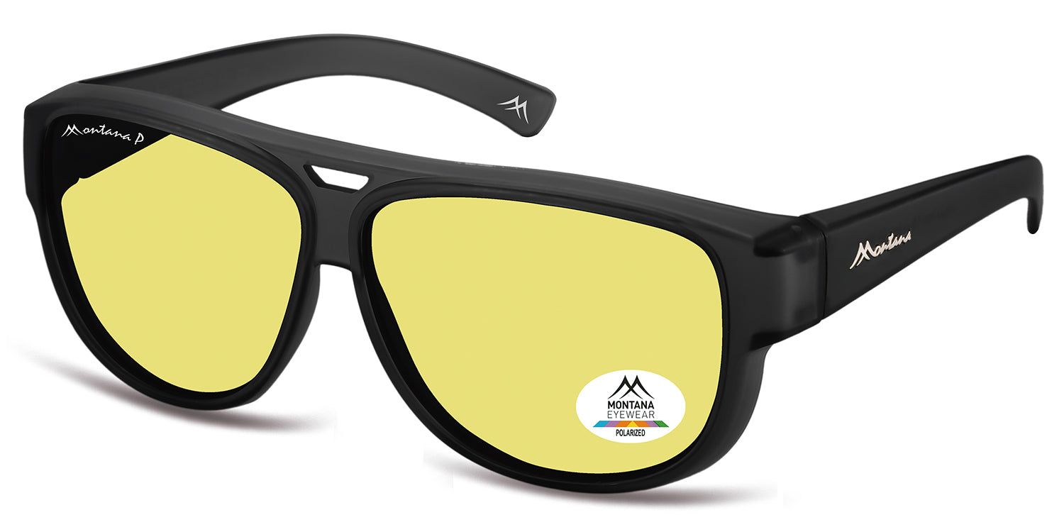 Occhiali da sole neri con lenti gialle. Logo Montana Eyewear sull'asta e sulla lente. Lenti polarizzate.