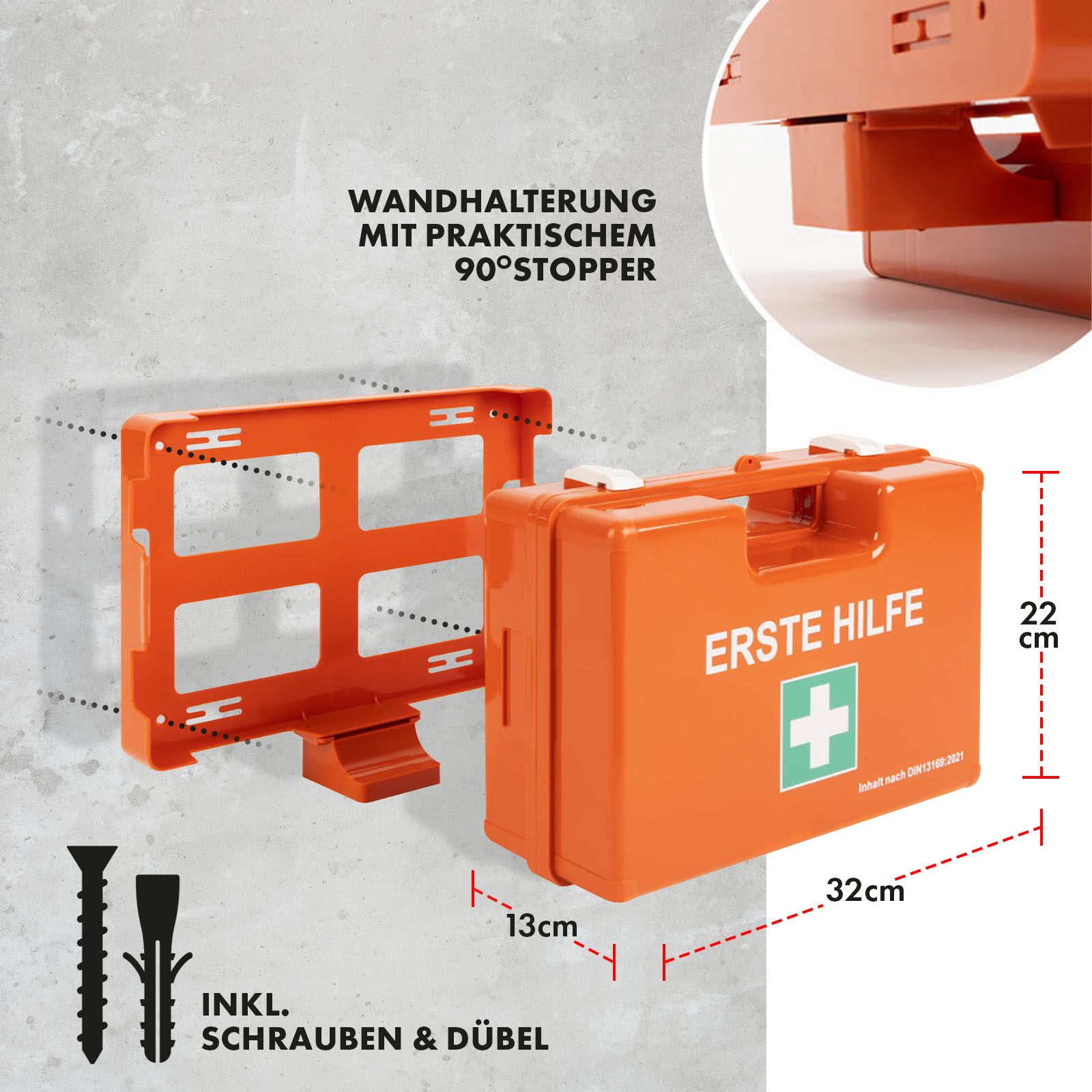 Valigetta di pronto soccorso arancione con supporto a parete e blocco a 90°. Viti e tasselli inclusi. Dimensioni: 32x22x13 cm.