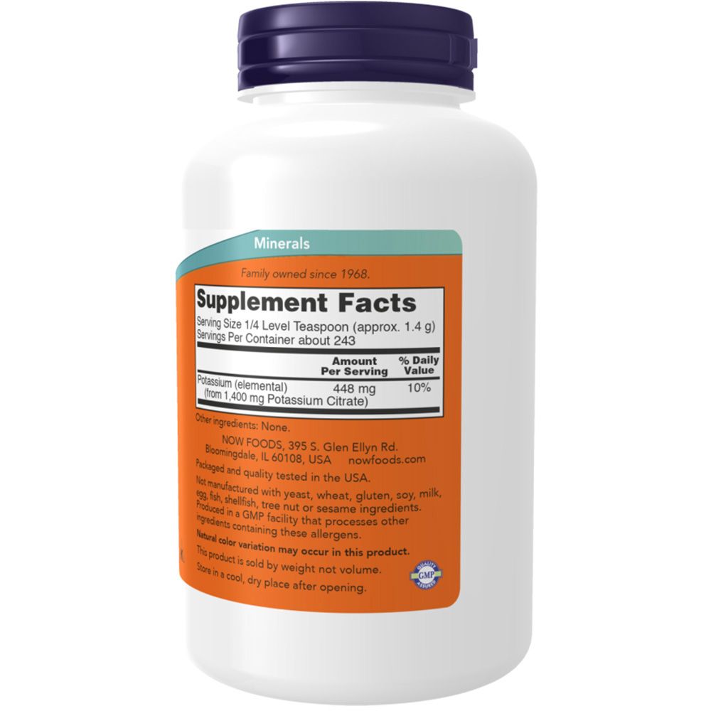 Retro di un flacone bianco. Etichetta arancione con informazioni nutrizionali. Contiene informazioni sul potassio. Marchio: NOW. Prodotto negli Stati Uniti.
