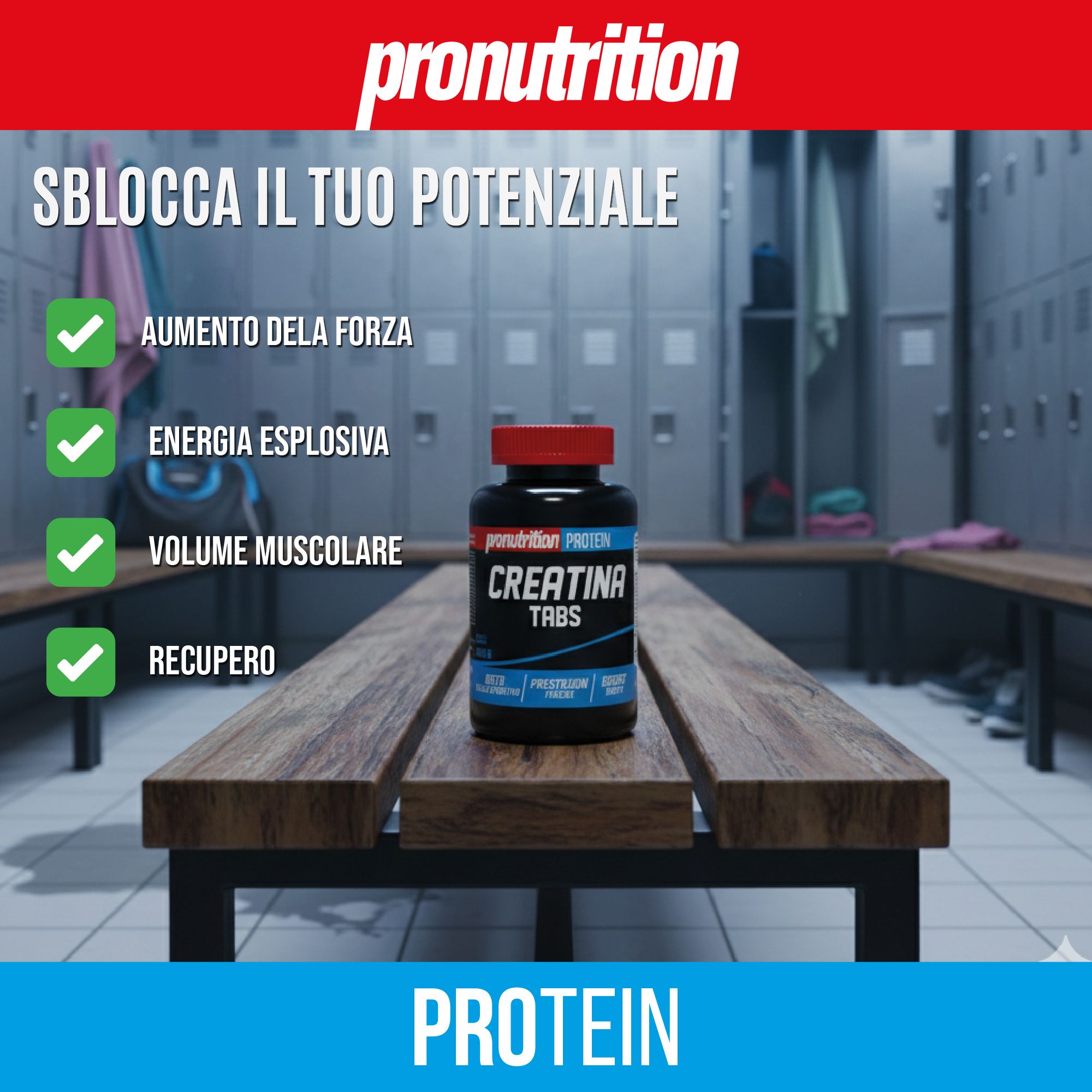 Flacone nero con tappo rosso, Creatina Tabs. Scritte: Aumento della forza, Energia esplosiva, Volume muscolare, Recupero.