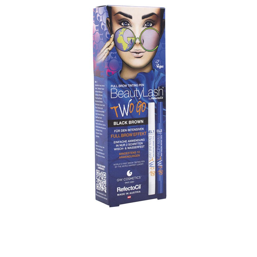 RefectoCil BeautyLash TWO GO. Confezione con penna e attivatore. Scritta: Black Brown, Vegan.