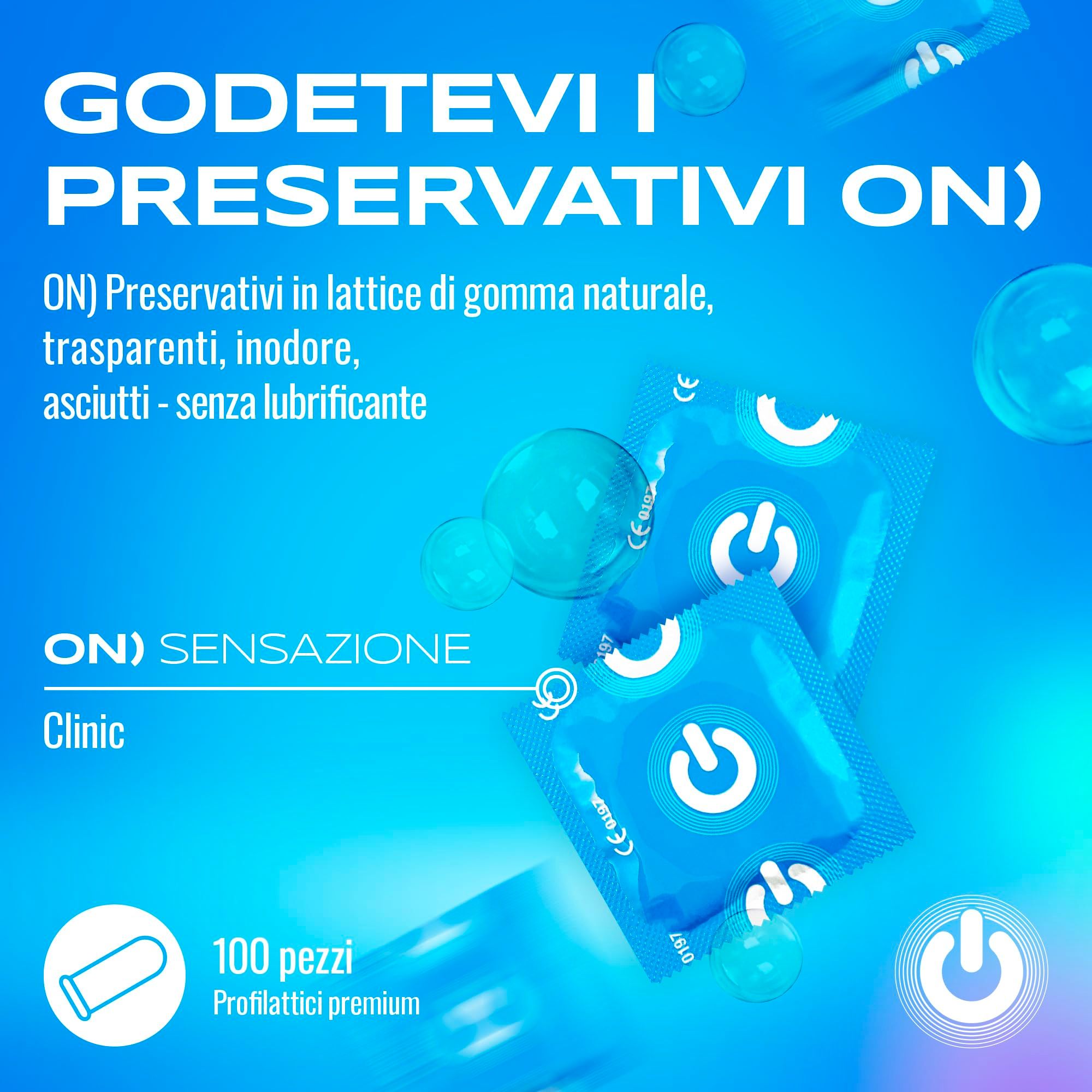 Preservativi ON) Clinic, confezione da 100 pezzi, bustine singole blu con logo a pulsante di accensione.