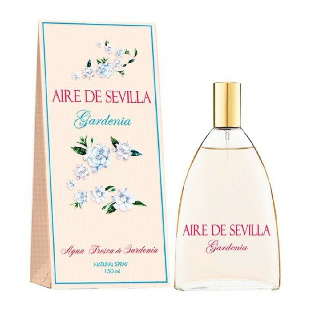 Flacone di profumo con tappo dorato e scatola. Scritta: Aire de Sevilla Gardenia. Scatola con motivo floreale.