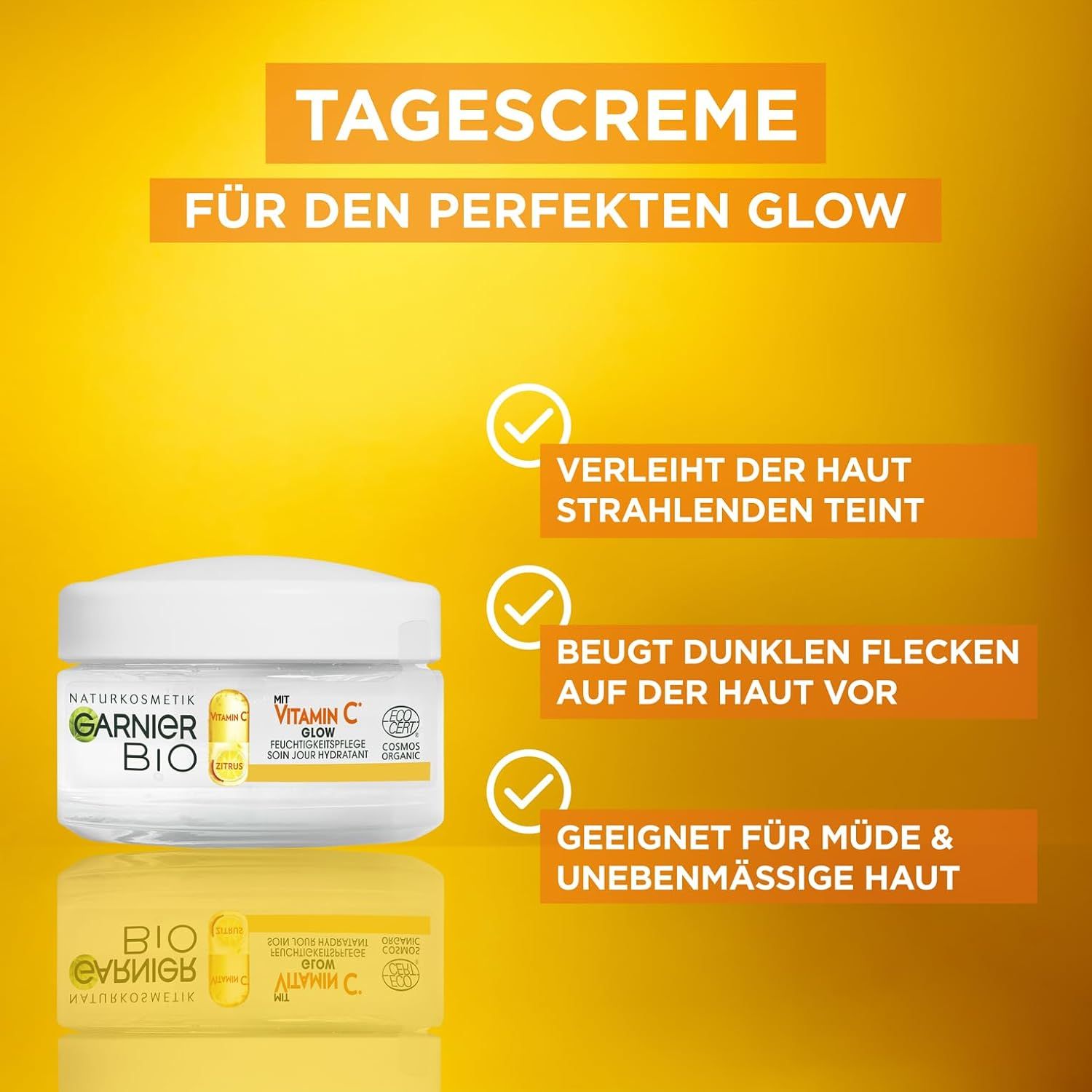 Crema giorno Garnier Bio con vitamina C. Crema bianca in vasetto. Testo: 'Adatta per pelli stanche e irregolari'.
