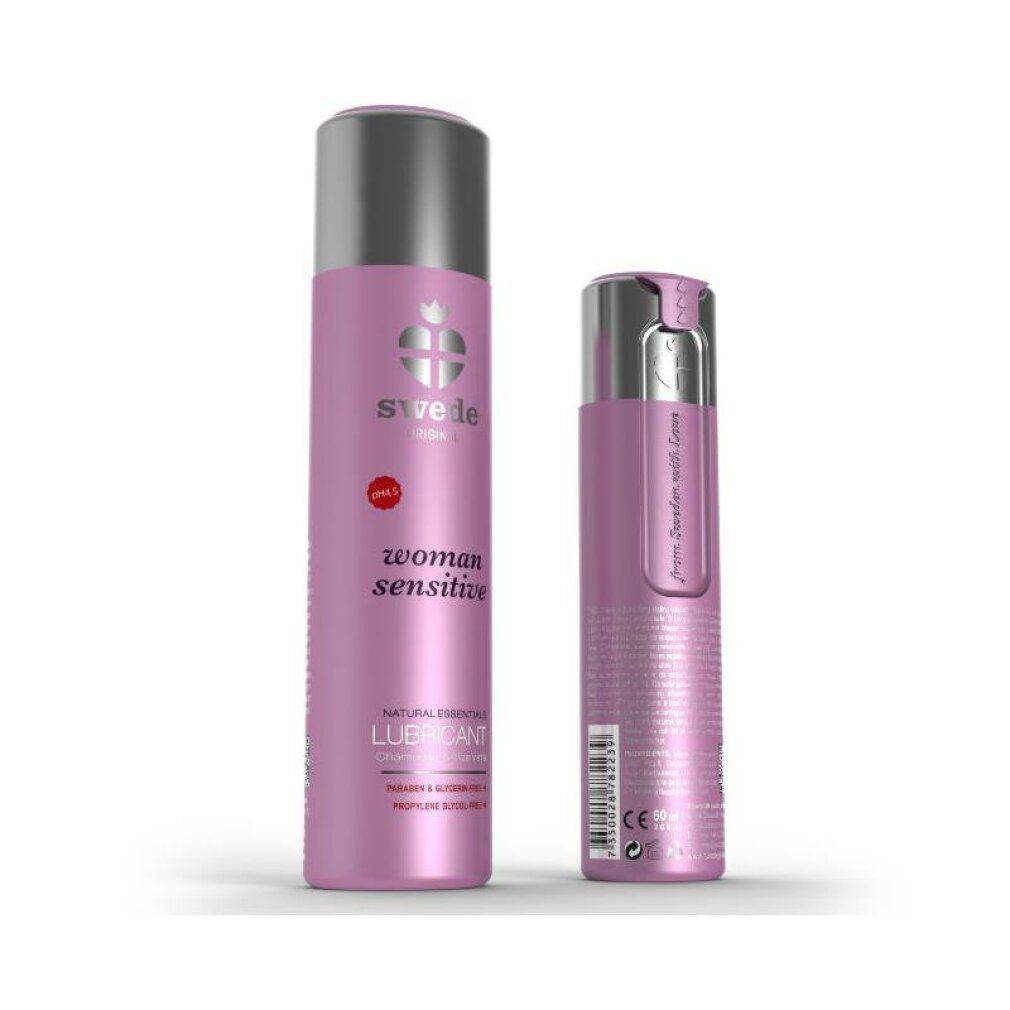 Flacone rosa con tappo argentato. Scritta: Swede, woman sensitive, Lubricant. pH 4.5.