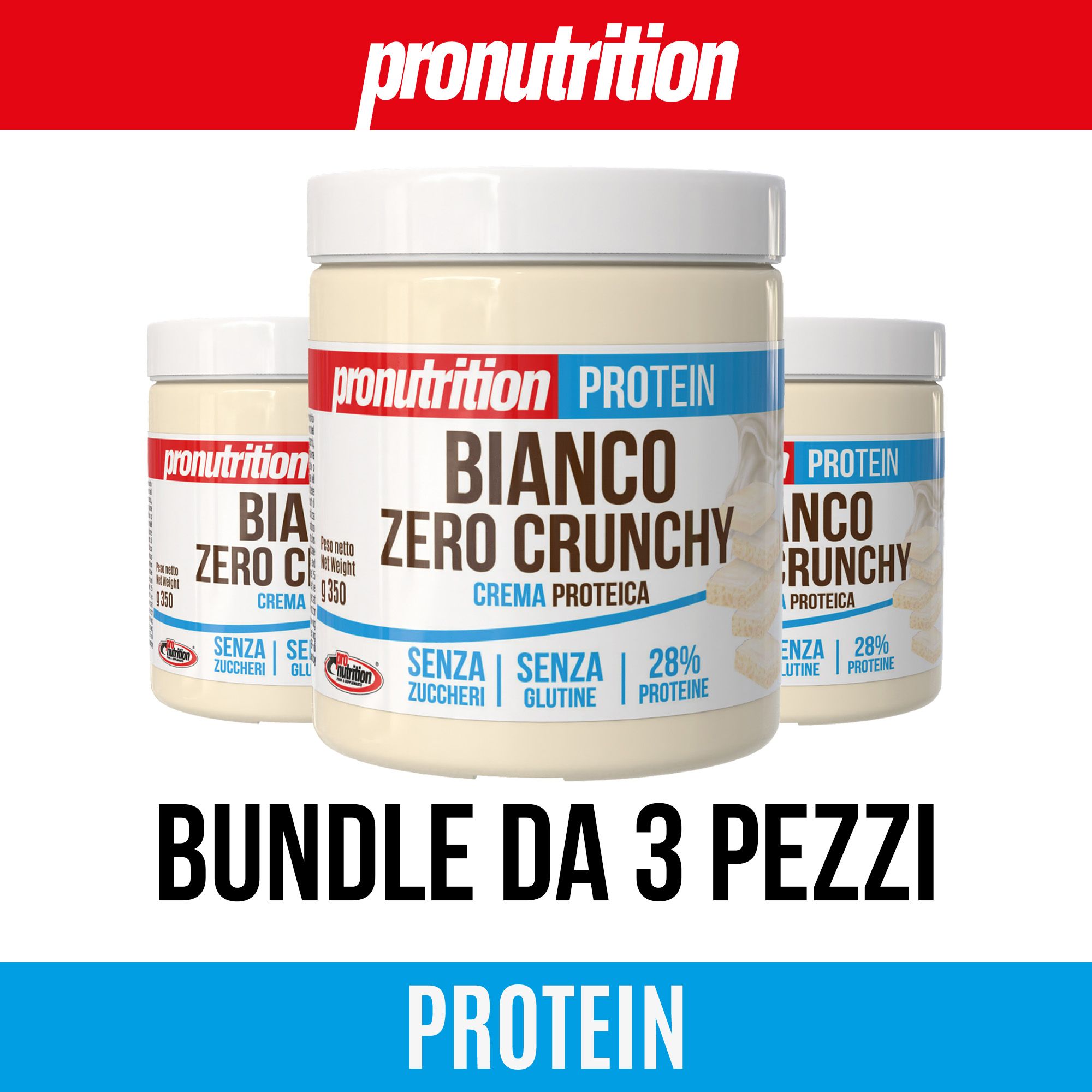 Tre barattoli di Pronutrition Protein, Cioccobianco Crunchy, senza zucchero, 28% proteine. Scritta: Bundle da 3 pezzi.