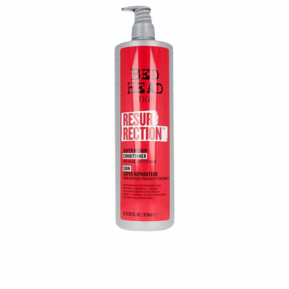 Flacone grigio con etichetta rossa. Bed Head Tigi Resurrection Conditioner. Con pompa. Testo in inglese e francese.