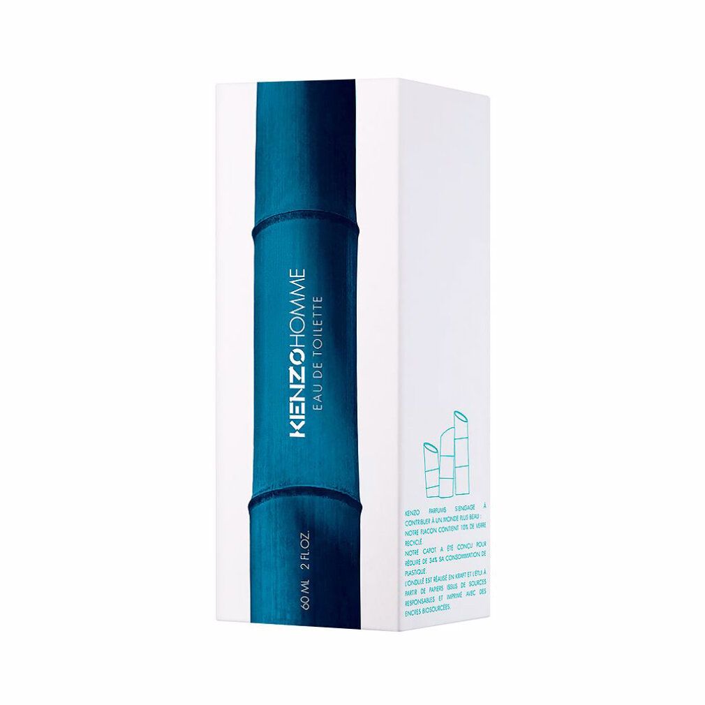 Confezione bianca con design a bambù blu. Scritta KENZO HOMME Eau de Toilette.