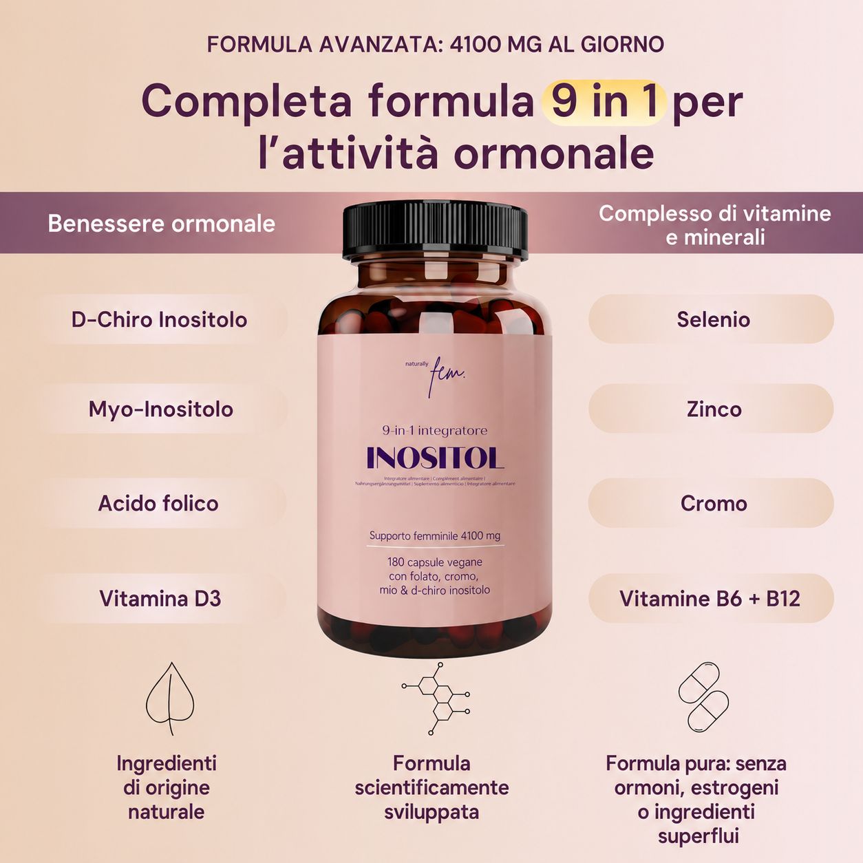Bottiglia con etichetta rosa, circondata da informazioni su ingredienti e formula.