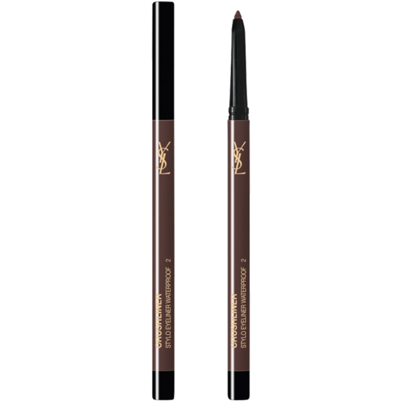 Due matite eyeliner marroni. Scritta: CRUSHLINER STYLO EYELINER WATERPROOF 2. Logo dorato. Tappo nero. Punta estesa.