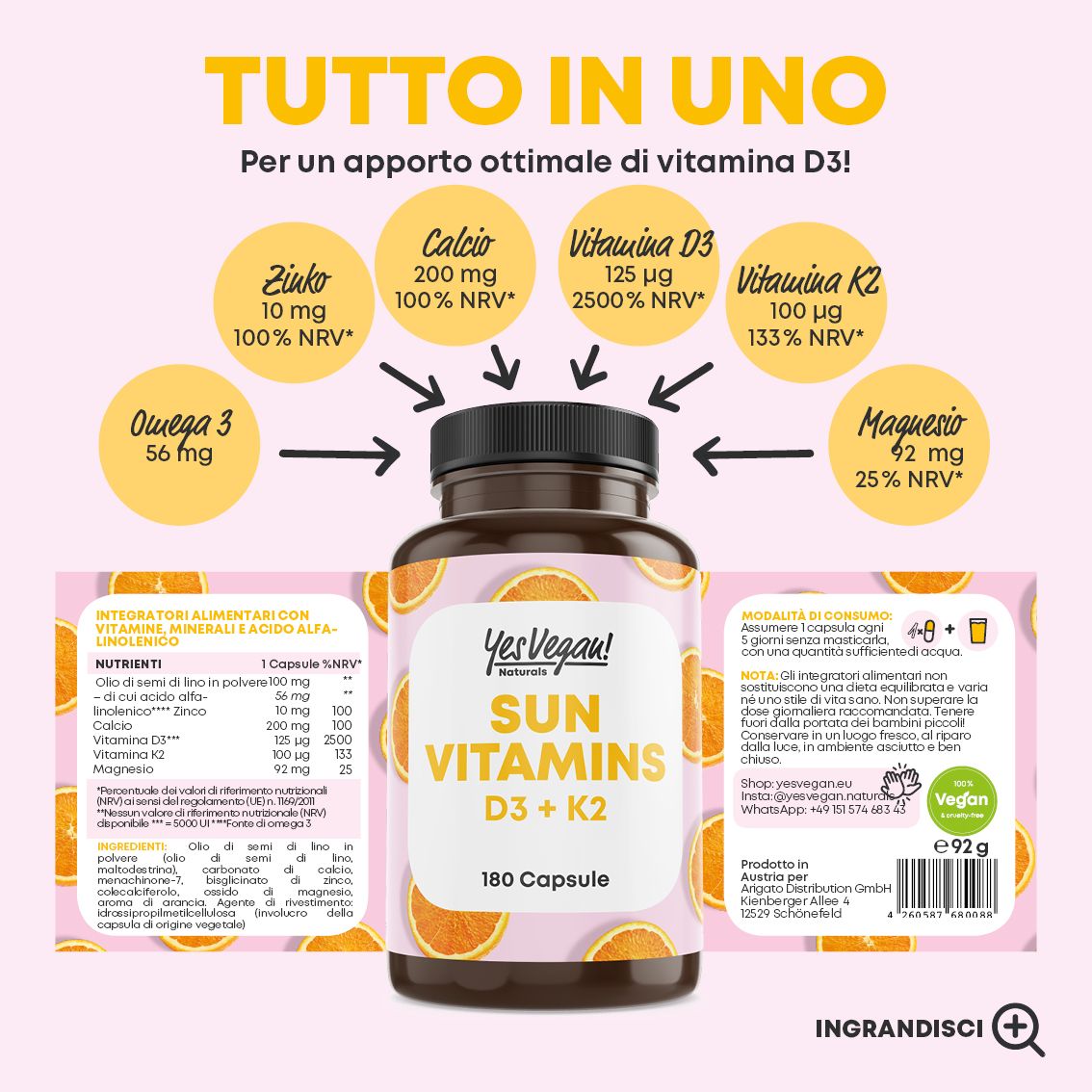 Infografica con informazioni nutrizionali. Flacone SUN VITAMINS D3 + K2. Informazioni su zinco, calcio, vitamina D3, K2, omega 3, magnesio. 180 capsule.