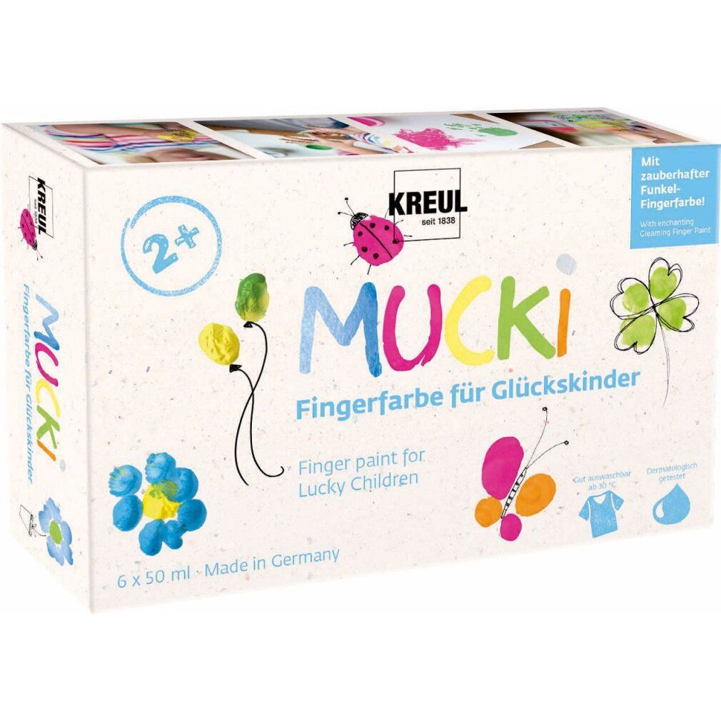 Confezione di pittura per dita MUCKI per bambini fortunati. Sei colori, 50 ml per tubo. Marchio KREUL. Età consigliata 2+.