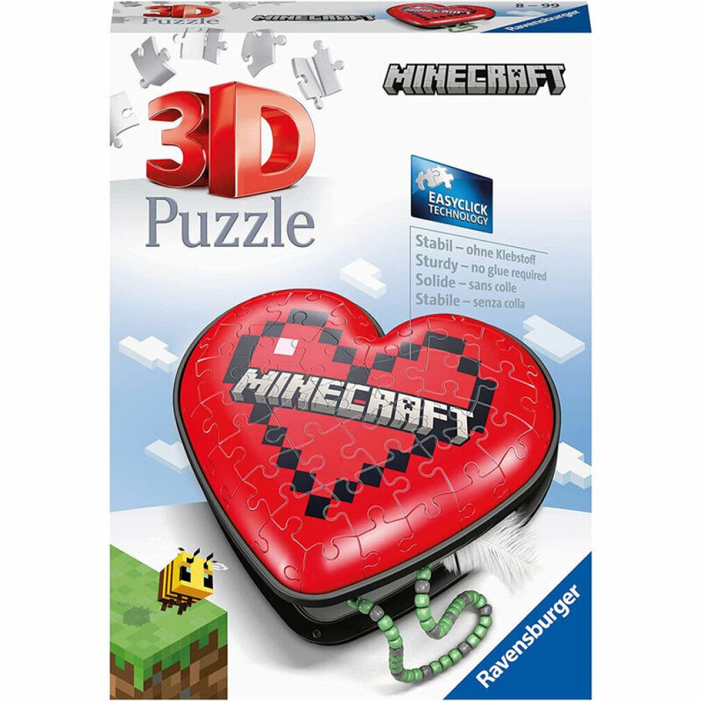 Puzzle 3D Cuore di Minecraft. Puzzle a forma di cuore rosso con 54 pezzi. Con logo Minecraft e tecnologia Easyclick.
