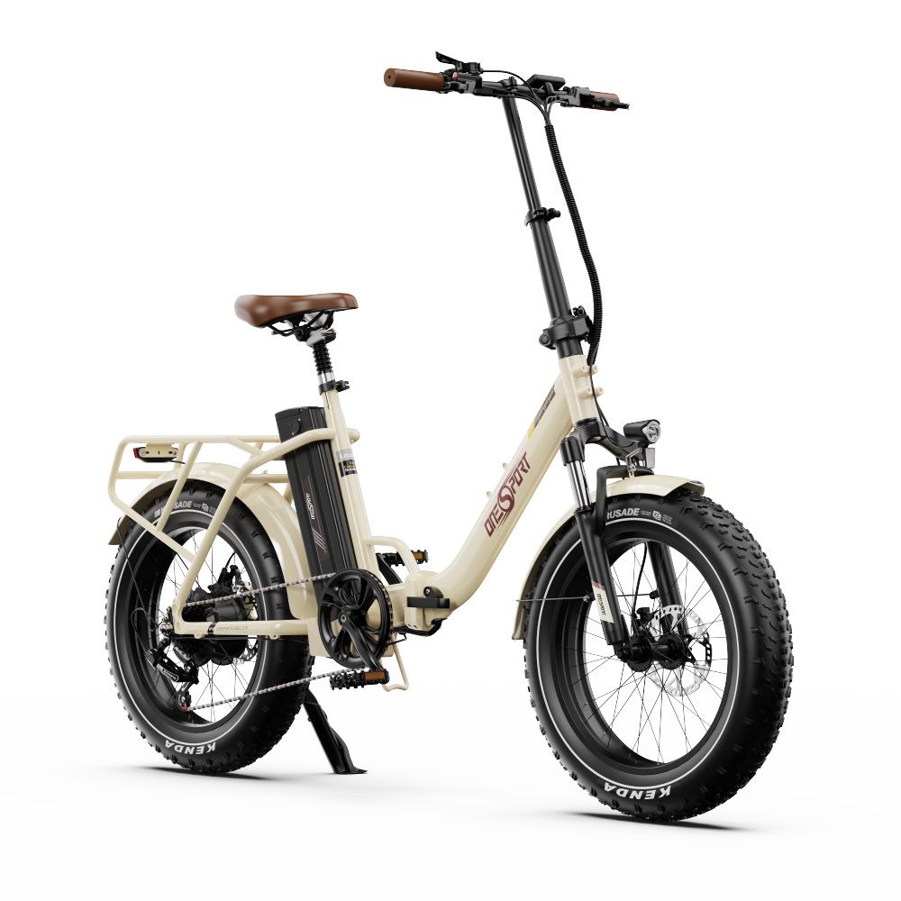 E-bike crema, sella marrone, pneumatici neri. Marchio ONESPORT. Con portapacchi e batteria.