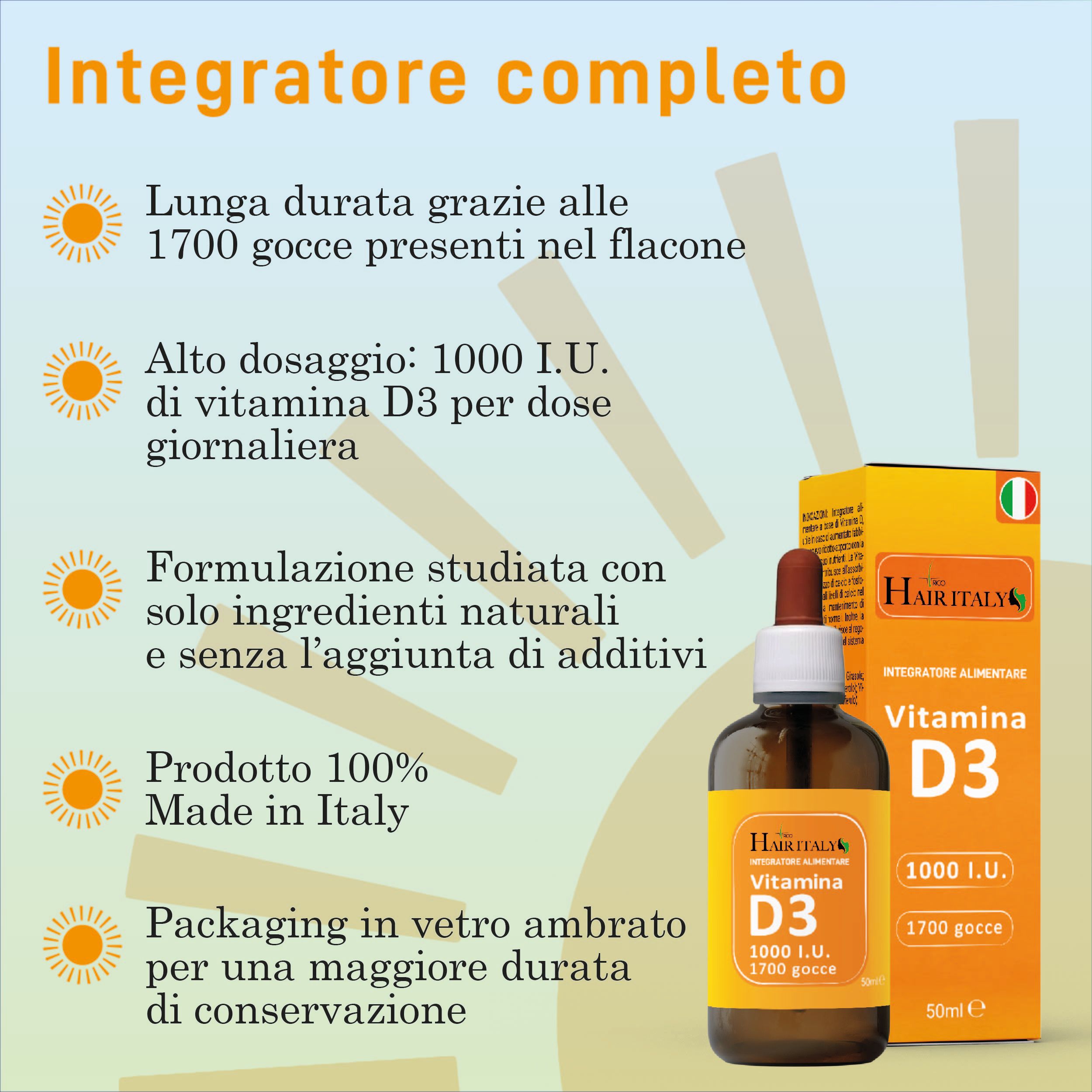 Trico Hair Italy - Vitamina D3 liquida 50 ml Supporto sistema immunitario Salute di ossa e denti