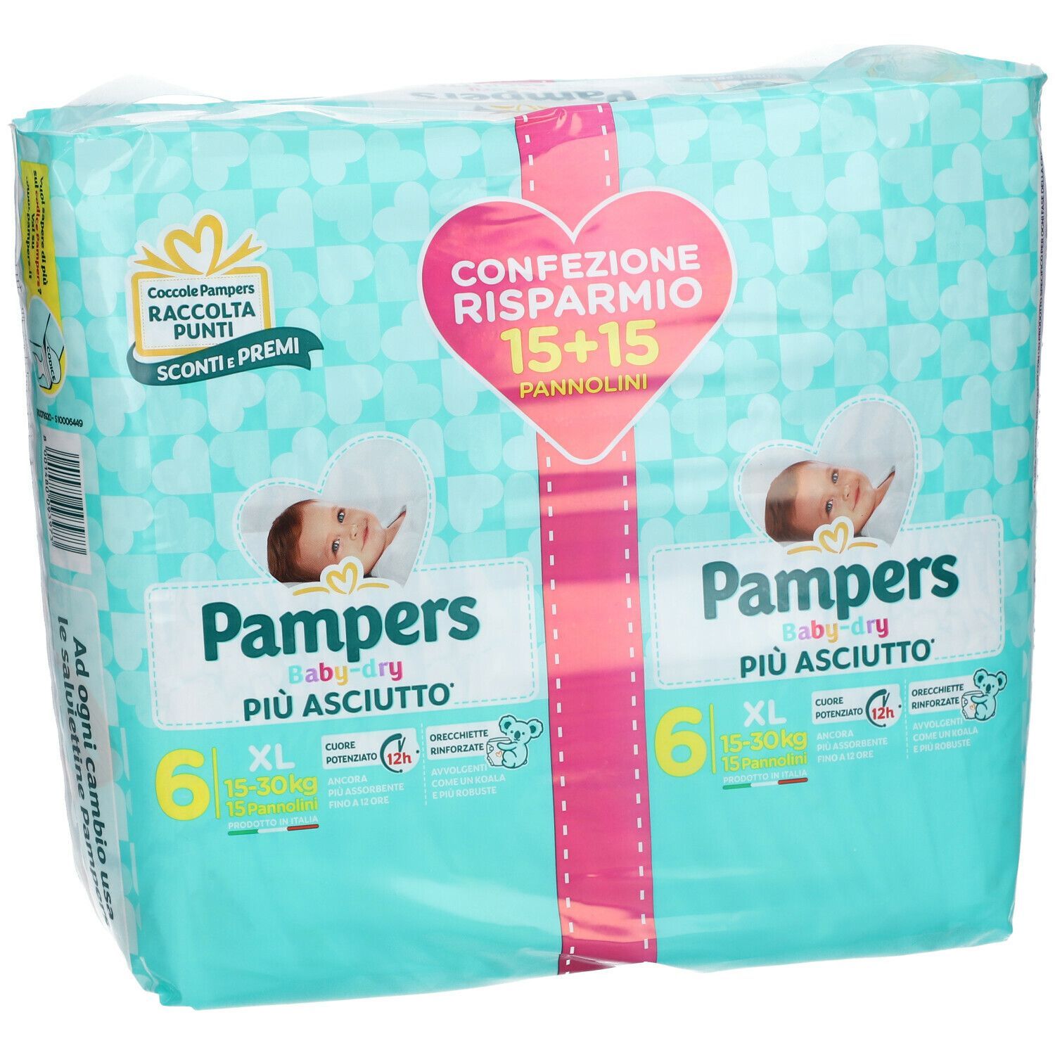 Confezione Pampers Baby Dry XL Duo. Confezione turchese. Scritte: Pampers, Baby, pannolini, taglia 6, 15+15, illustrazioni di bambini.
