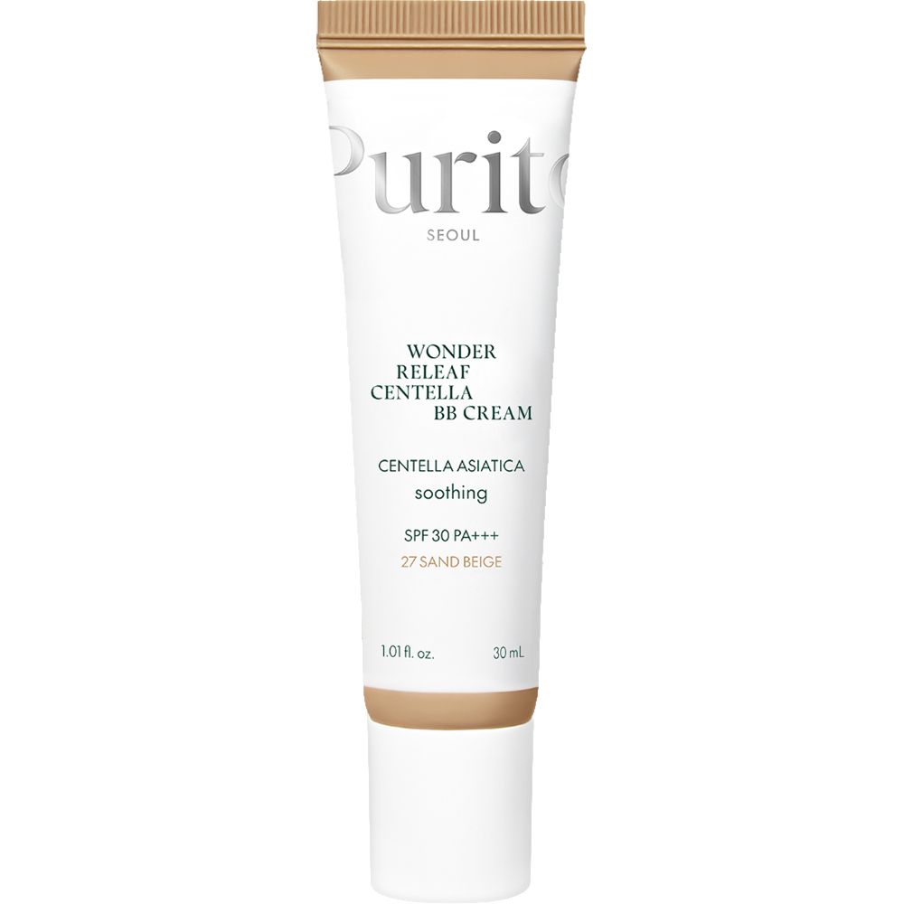 Tubo di PURITO Wonder Releaf Centella BB Cream, tonalità 27 Sand Beige, SPF 30 PA+++. Tubo bianco, tappo marrone.