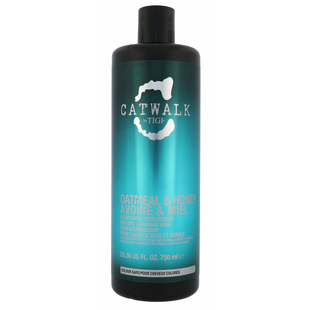 Flacone nero di balsamo. Scritta: CATWALK by TIGI, OATMEAL & HONEY. 750 ml. Per capelli secchi e danneggiati.