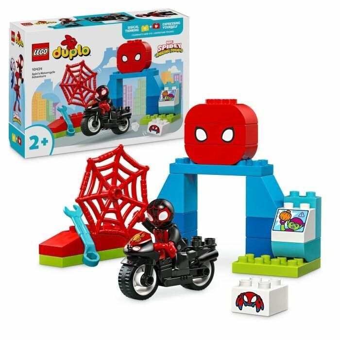 Set LEGO Duplo. Moto, ragnatela, personaggio, edificio. Confezione con logo, età consigliata 2+.