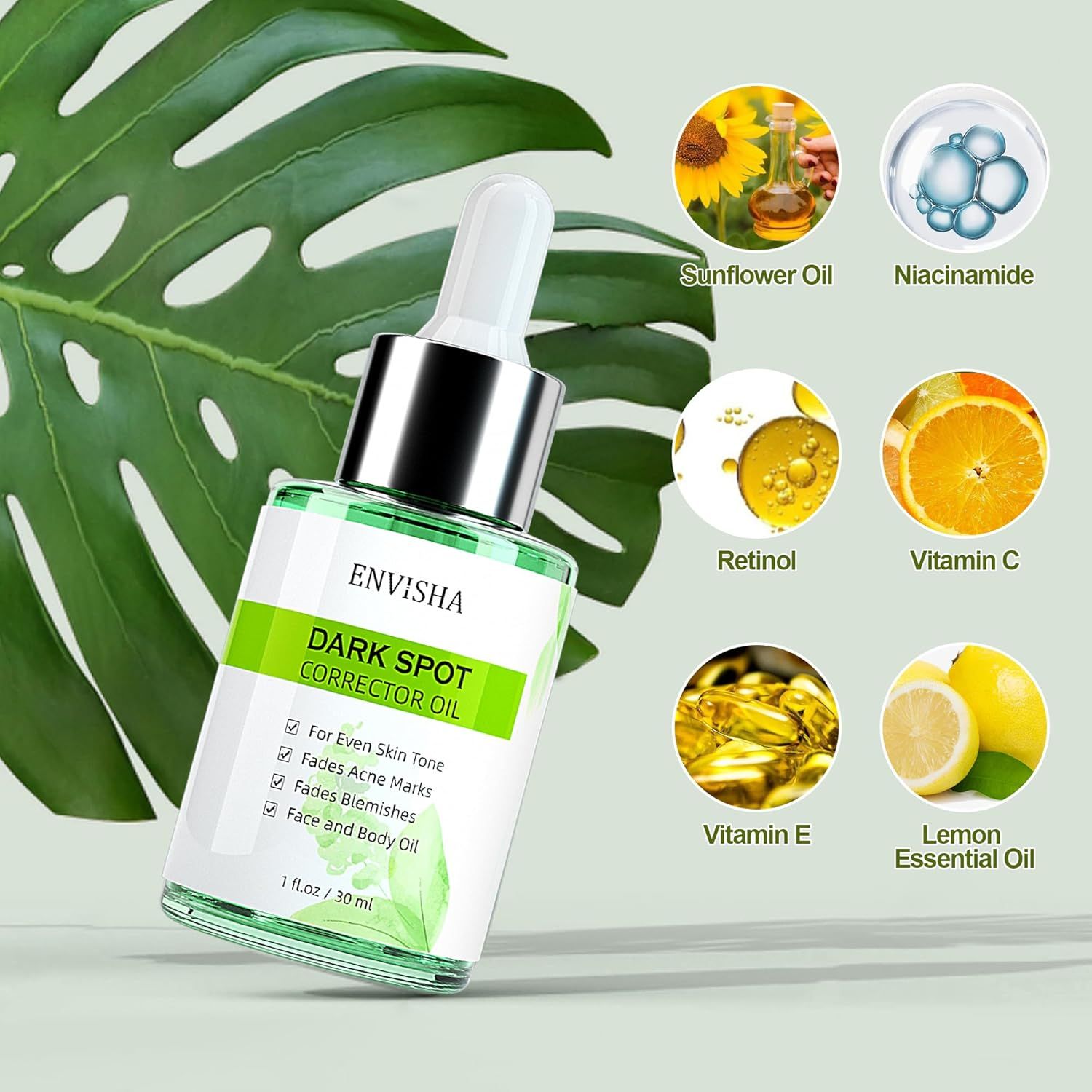 Flacone di vetro verde con contagocce. ENVISHA Dark Spot Corrector Oil. Ingredienti: olio di girasole, niacinamide, retinolo, vitamina C, E, limone.