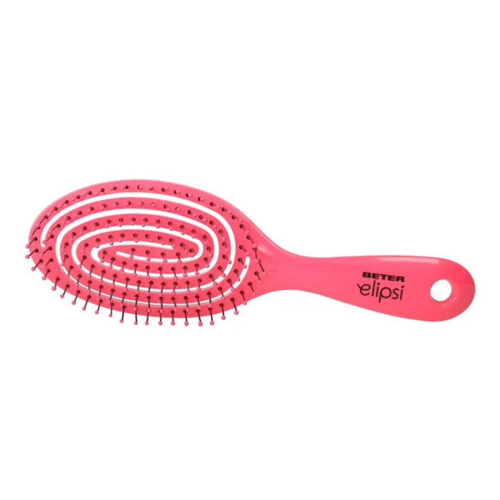 Spazzola per capelli ovale fucsia con manico. Setole nere, design a spirale. Marchio: Beter elipsi.