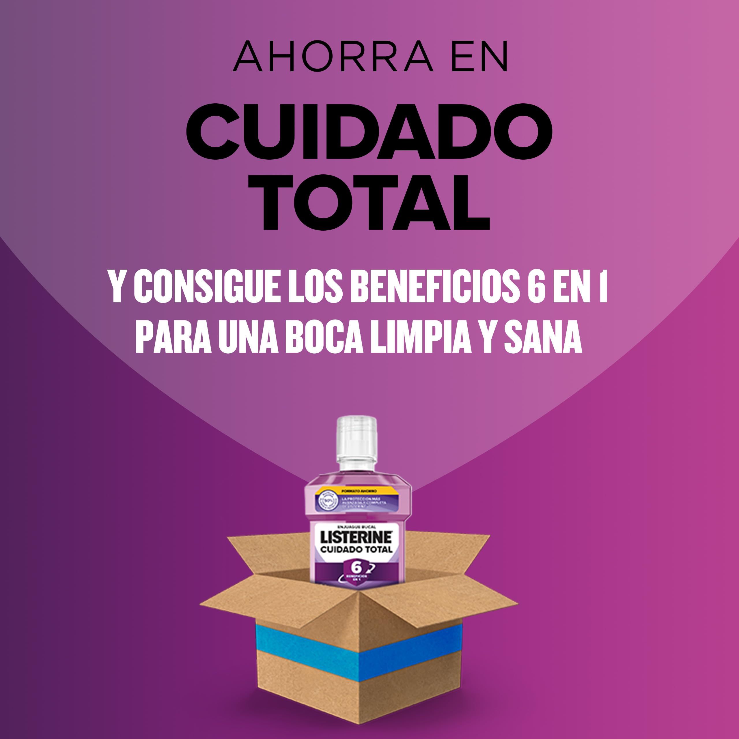 Prodotto in una scatola aperta. Testo: Cura, 6 in 1 benefici per una bocca pulita. Logo Listerine.