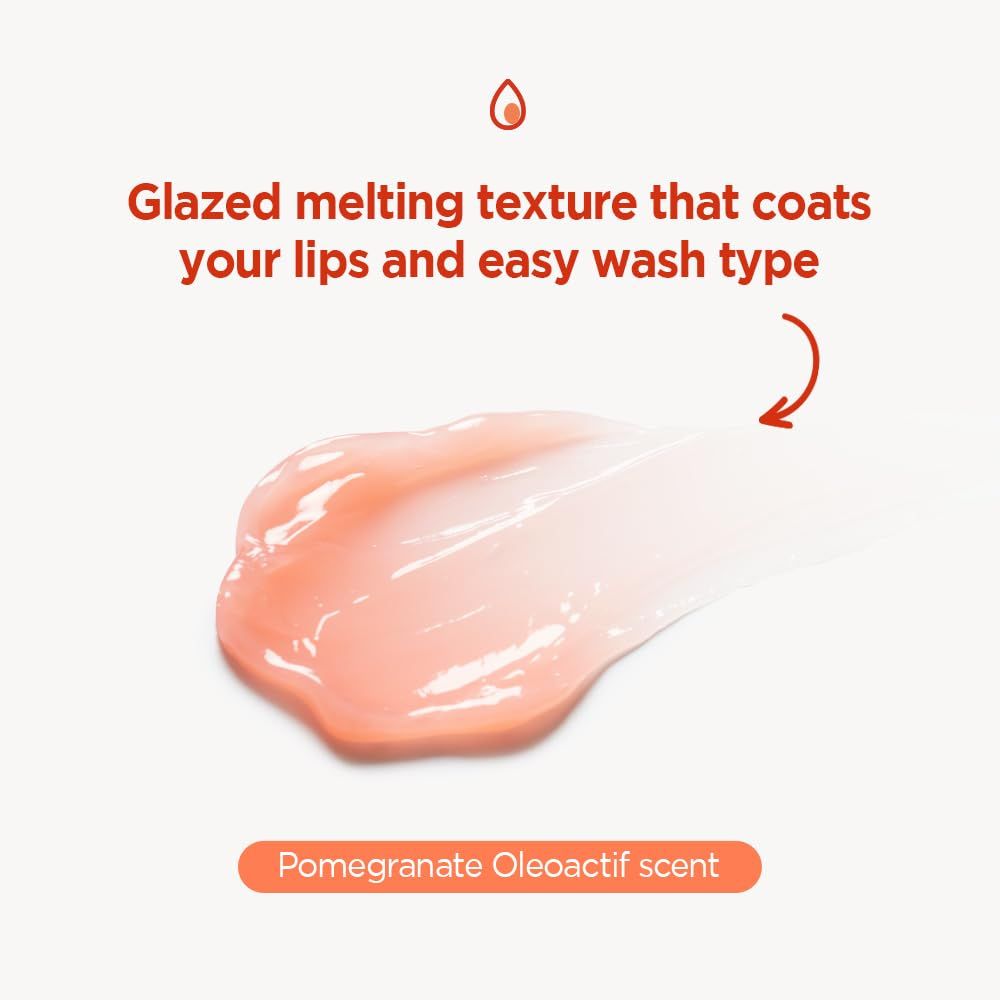 Texture del prodotto per le labbra. Testo: « Glazed melting texture ». Testo: « Pomegranate Oleoactif scent ».
