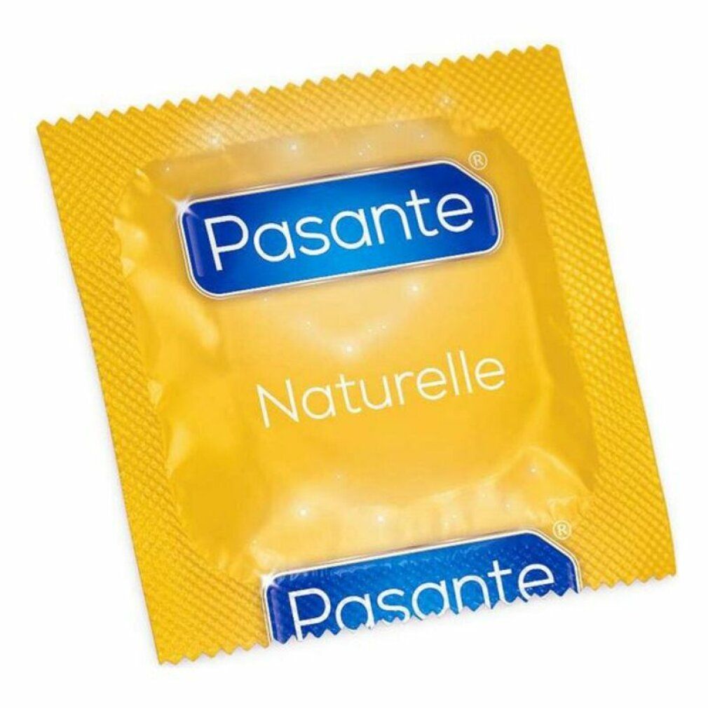 Preservativo Pasante Naturelle confezionato in giallo. Logo blu con Pasante e Naturelle. Confezione gialla.