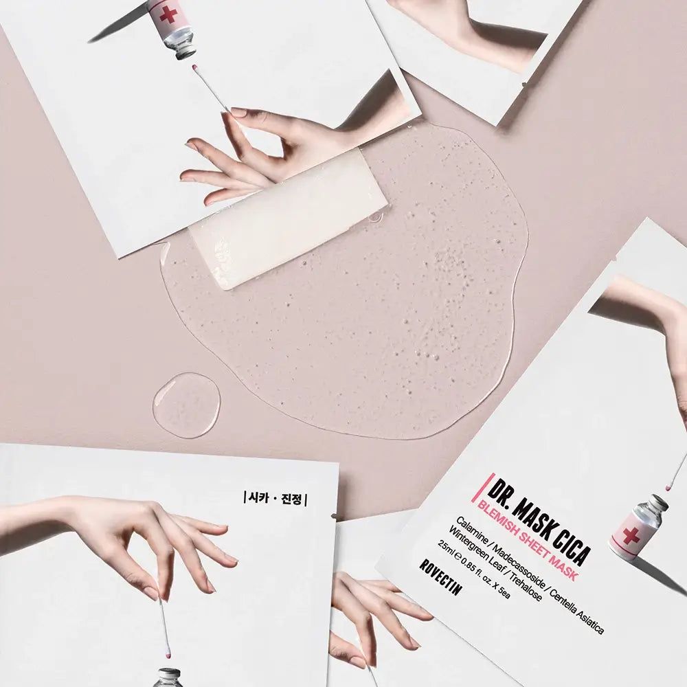 Diverse maschere in tessuto anti-imperfezioni ROVECTIN DR. MASK CICA, una mano tiene un contagocce sopra una piccola fiala.