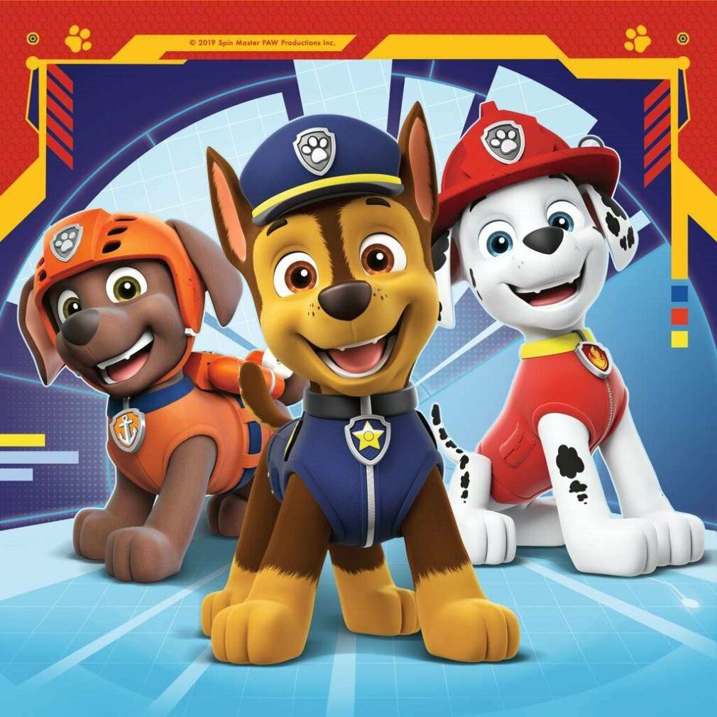Motivo puzzle con tre personaggi Paw Patrol. Chase, Marshall e Rubble. Sfondi blu e rossi.