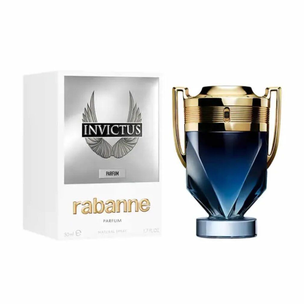 Flacone di profumo e confezione. Flacone blu, tappo dorato, base argentata. Confezione bianca con logo e testo.